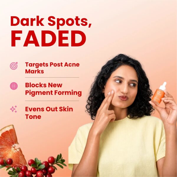 Woman holding Fade Theory serum — targets post-acne marks, blocks new pigment forming, and evens out skin tone