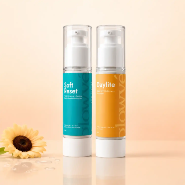 Repair and Protect duo — Soft Reset ceramide moisturiser and Daylite SPF 50+ sunscreen shown side by side with a sunflower